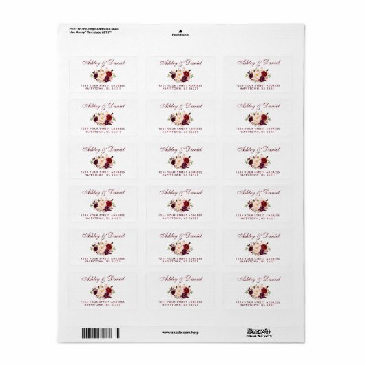 Waterverf Bloemen Bourgogne Goud Bruiloft Adres BW Etiket (Full Sheet)