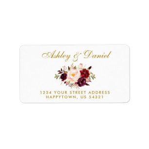 Waterverf Bloemen Bourgogne Goud Bruiloft Adres Etiket