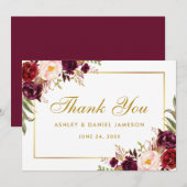 Waterverf Bloemen Bourgogne Goud Bruiloft Bedankt  (Voorkant / Achterkant)