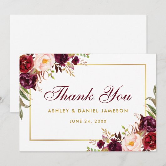 Waterverf Bloemen Bourgogne Goud Bruiloft Bedankt  (Voorkant / Achterkant)