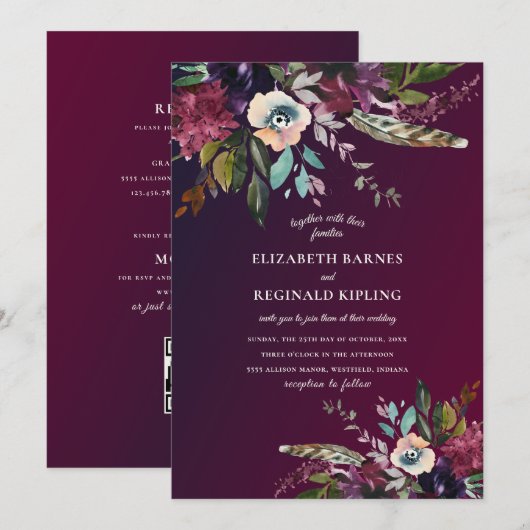 Waterverf Bloemen Bourgogne Wash QR Code Huwelijk Kaart (Voorkant / Achterkant)