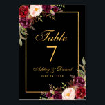 Waterverf Bloemen Bourgogne Zwart Goud Bruiloft Kaart<br><div class="desc">Waterverf Bloemen Bourgogne Zwart & Goud Tafel Kaart</div>
