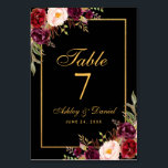 Waterverf Bloemen Bourgogne Zwart Goud Bruiloft Kaart<br><div class="desc">Waterverf Bloemen Bourgogne Zwart & Goud Tafel Kaart</div>