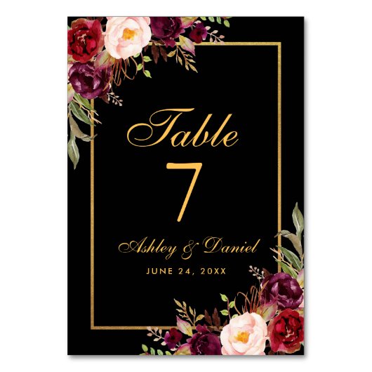 Waterverf Bloemen Bourgogne Zwart Goud Bruiloft Kaart (Achterkant)
