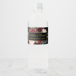 Waterverf Bloemen Bourgogne Zwart Goud Bruiloft Waterfles Etiket