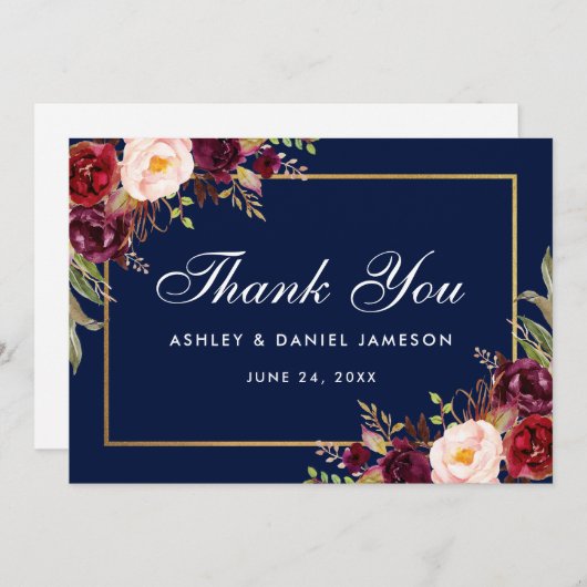 Waterverf Bloemen Bourgondië Blauw Bruiloft Bedank Bedankkaart (Voorkant / Achterkant)