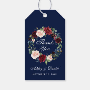 Waterverf Bloemen Bourgondië Blauw Bruiloft Bedank Cadeaulabel