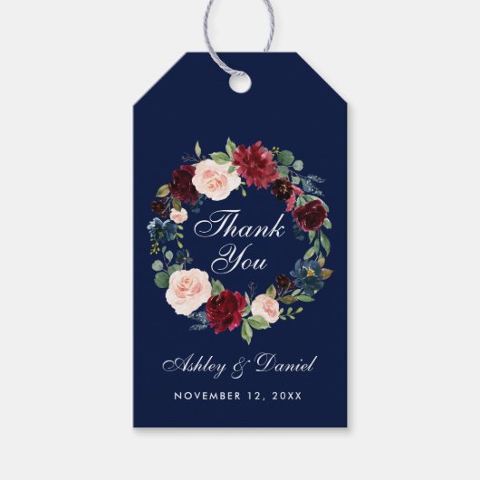 Waterverf Bloemen Bourgondië Blauw Bruiloft Bedank Cadeaulabel (Voorkant)