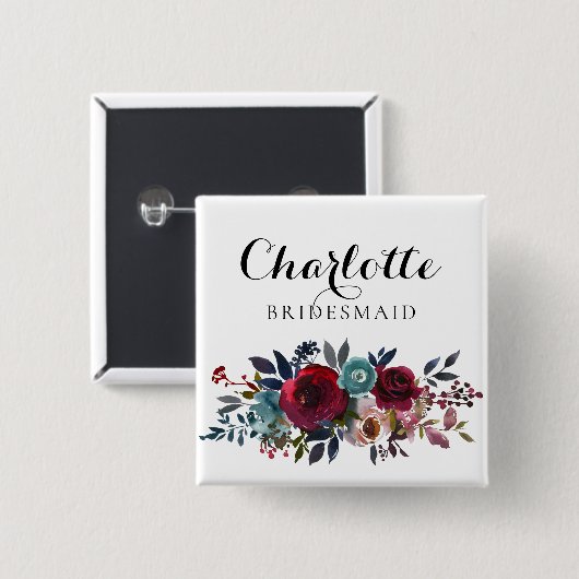 Waterverf Bloemen Bourgondië bruidsmeisje bruiloft Vierkante Button 5,1 Cm (Voorkant /achterkant)
