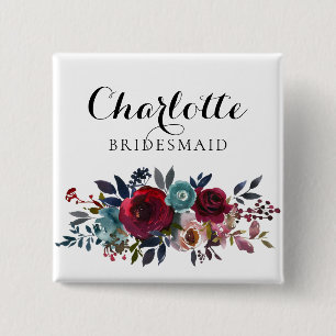 Waterverf Bloemen Bourgondië bruidsmeisje bruiloft Vierkante Button 5,1 Cm