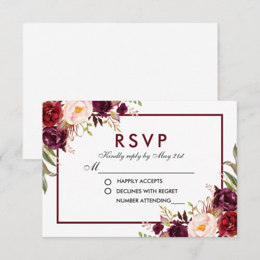 Waterverf Bloemen Bourgondië bruiloft RSVP (Voorkant / Achterkant)