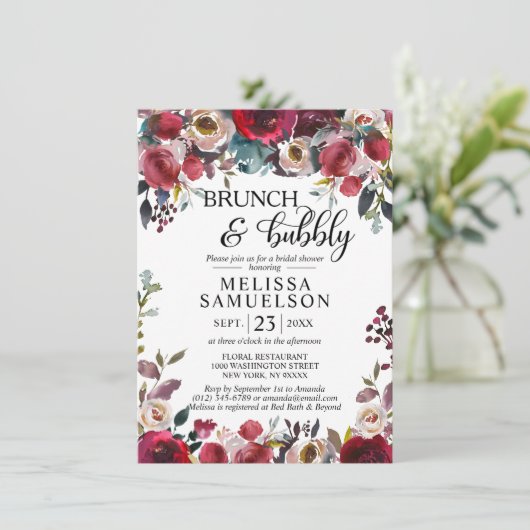 Waterverf Bloemen Bourgondië Brunch Vrijgezellenfe Kaart (Staand voorkant)