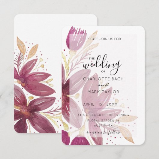 Waterverf Bloemen Bourgondië en Goud Invi Kaart (Voorkant / Achterkant)