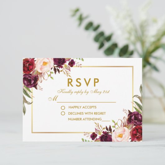Waterverf Bloemen Bourgondië Goud Bruiloft RSVP (Staand voorkant)