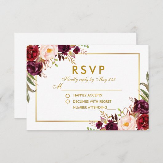 Waterverf Bloemen Bourgondië Goud Bruiloft RSVP (Voorkant / Achterkant)