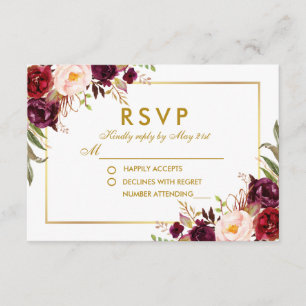 Waterverf Bloemen Bourgondië Goud Bruiloft RSVP Kaartje