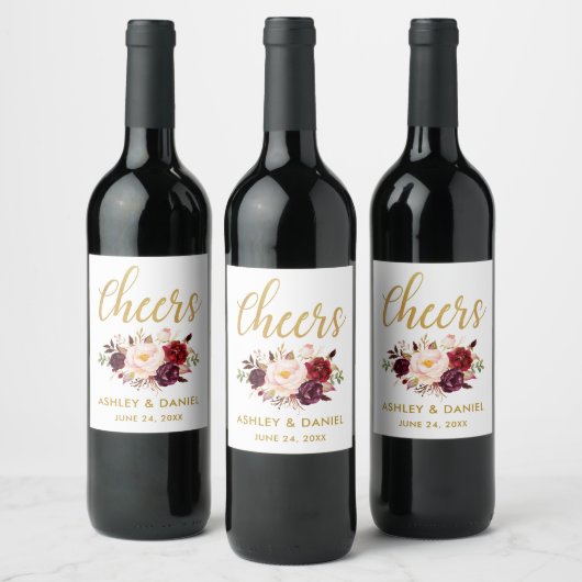 Waterverf Bloemen Bourgondië Goud Huwelijk Proost Wijn Etiket (Flessen)