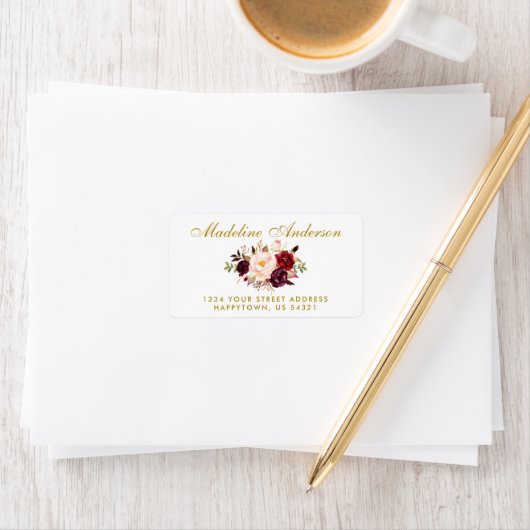 Waterverf Bloemen Bourgondië Goud Script Adres Etiket (Insitu)