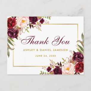 Waterverf Bloemen Bourgondië Gouden bruiloft Dank  Briefkaart