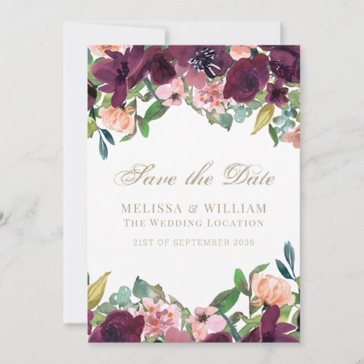 Waterverf Bloemen Bourgondië koraal wit bruiloft Save The Date (Voorkant)