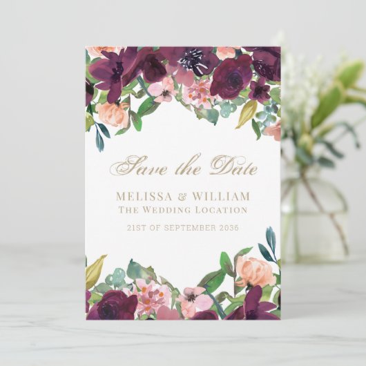 Waterverf Bloemen Bourgondië koraal wit bruiloft Save The Date (Staand voorkant)