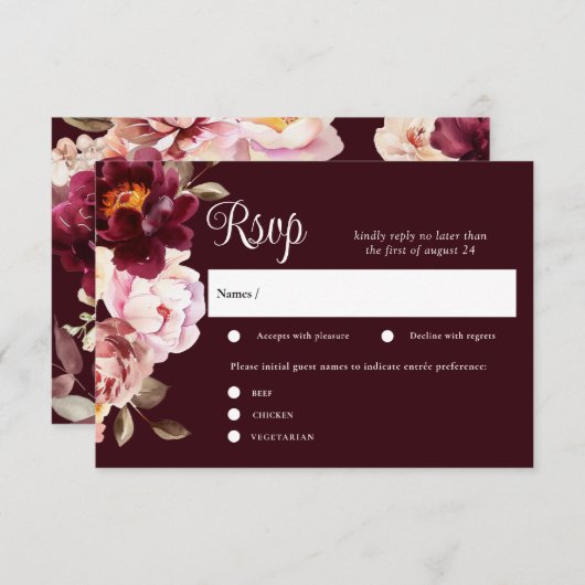 Waterverf Bloemen Bourgondische bruiloft RSVP Kaar Informatiekaartje (Voorkant / Achterkant)