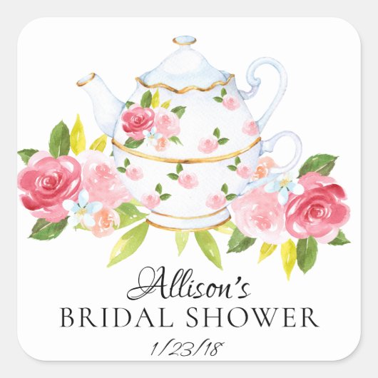Waterverf Bloemen BRIDAL Tea Party Envelopzegel Vierkante Sticker (Voorkant)