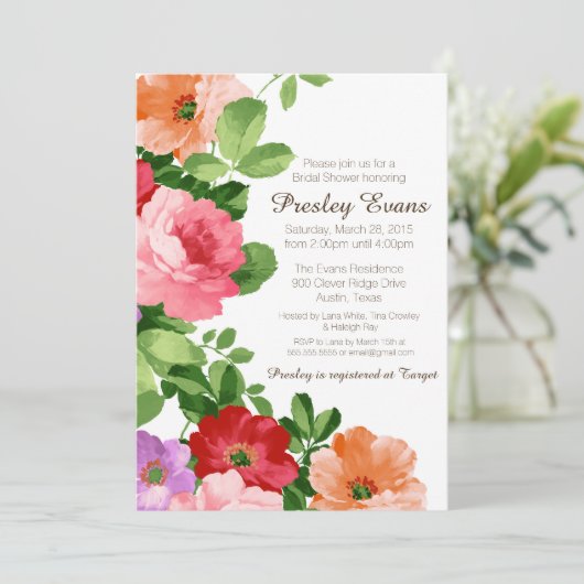 Waterverf Bloemen Bruids Douche Uitnodiging, Rozen Kaart (Staand voorkant)