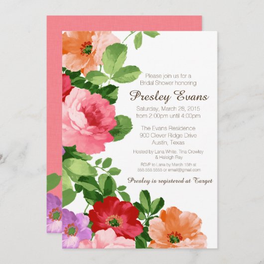 Waterverf Bloemen Bruids Douche Uitnodiging, Rozen Kaart (Voorkant / Achterkant)