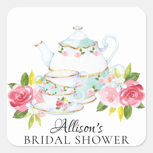Waterverf Bloemen Bruids Tea Party Envelopzegel Vierkante Sticker (Voorkant)