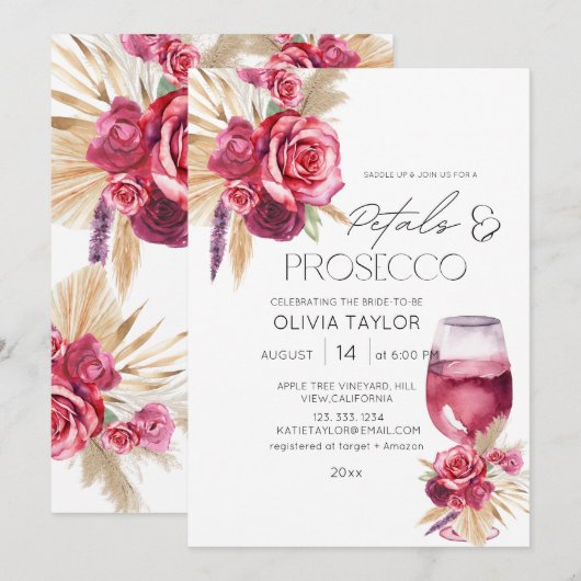 Waterverf Bloemen Bruidsdiner Petals & Prosecco Kaart (Voorkant / Achterkant)