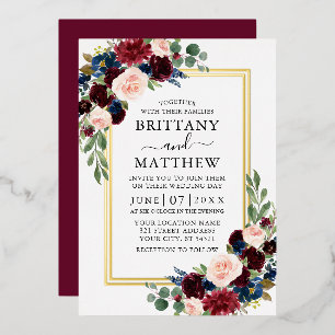 Waterverf Bloemen Bruiloft Burgundy 2 Lijst Goud Folie Uitnodiging