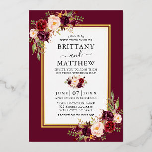 Waterverf Bloemen Bruiloft Burgundy 2 Lijst Goud Folie Uitnodiging