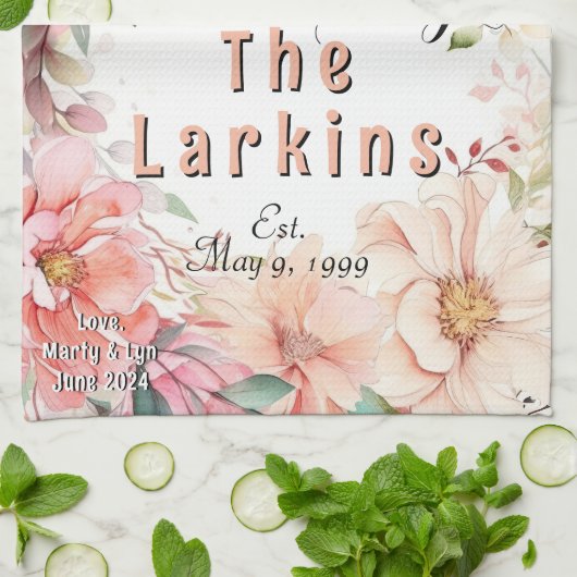 Waterverf Bloemen Bruiloft Jubileum Gepersonalisee Theedoek (Gevouwen)