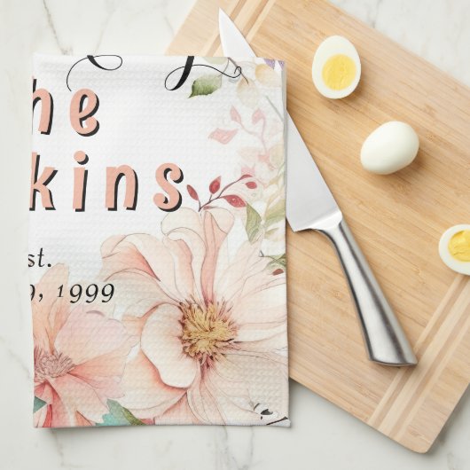 Waterverf Bloemen Bruiloft Jubileum Gepersonalisee Theedoek (Quarter Fold)