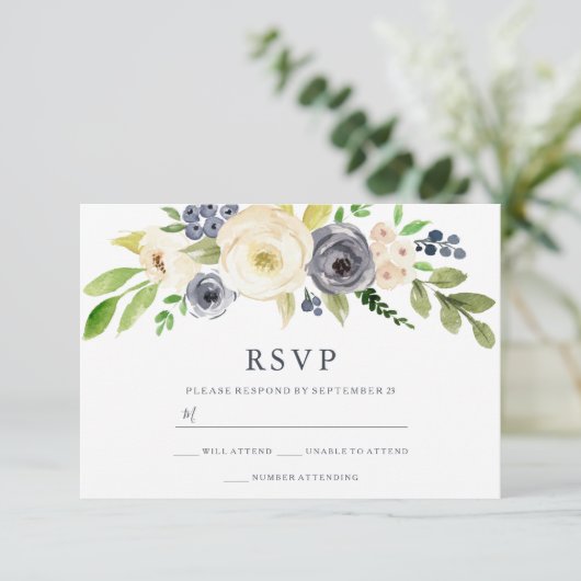 Waterverf bloemen bruiloft marineslag RSVP kaartje (Staand voorkant)