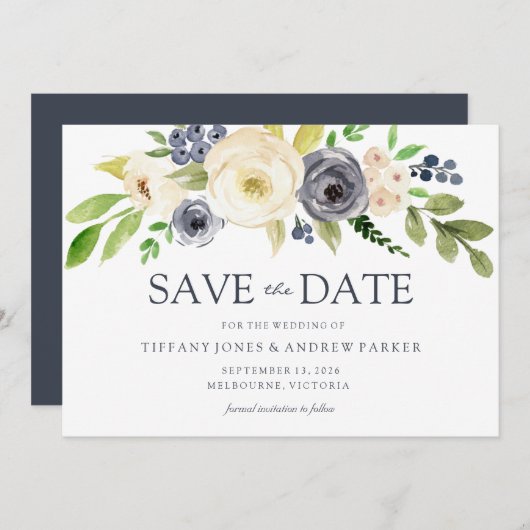 Waterverf bloemen bruiloft marineslag save the date (Voorkant / Achterkant)