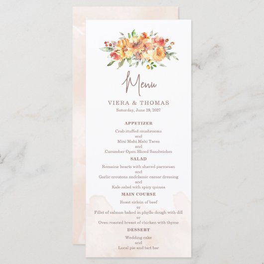 Waterverf Bloemen Bruiloft Menu (Voorkant / Achterkant)