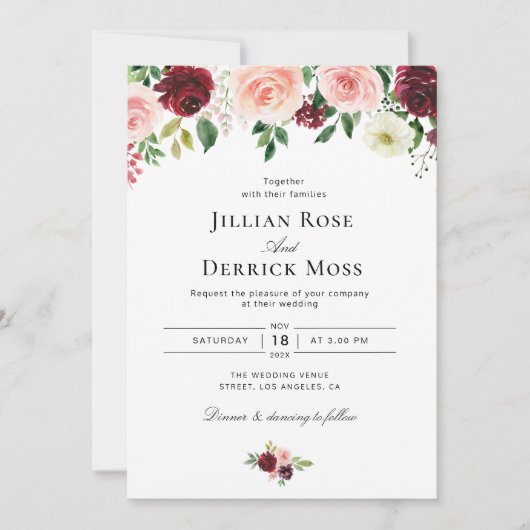 waterverf bloemen bruiloft met roze bruine burgund kaart (Voorkant)