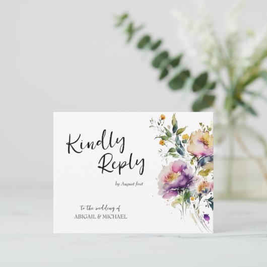 Waterverf Bloemen Bruiloft RSVP Briefkaart (Staand voorkant)