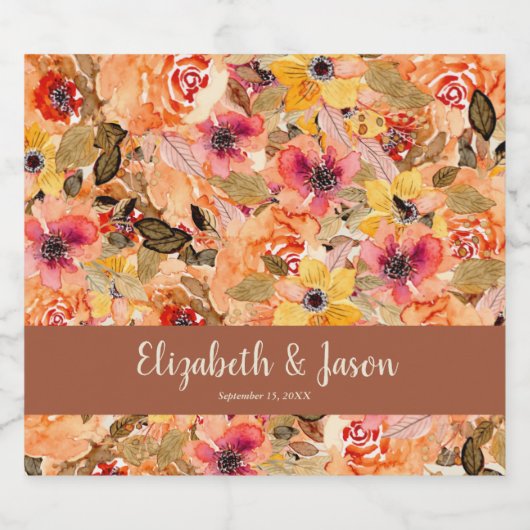 Waterverf bloemen bruiloft Terracotta Sparkling Wijnetiket (Enkel label)
