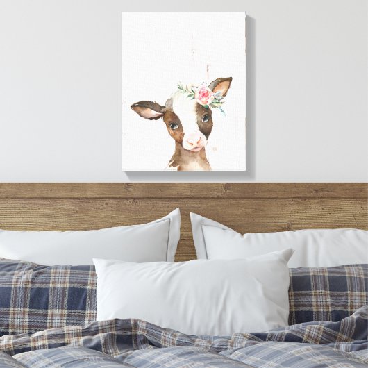 Waterverf Bloemen Bruine Koe, Baby Dieren Art Canvas Afdruk (Insitu (Slaapkamer))