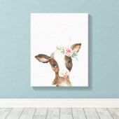 Waterverf Bloemen Bruine Koe, Baby Dieren Art Canvas Afdruk (Insitu (Houten vloer))