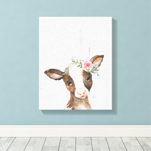 Waterverf Bloemen Bruine Koe, Baby Dieren Art Canvas Afdruk (Insitu (Houten vloer))