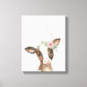 Waterverf Bloemen Bruine Koe, Baby Dieren Art Canvas Afdruk