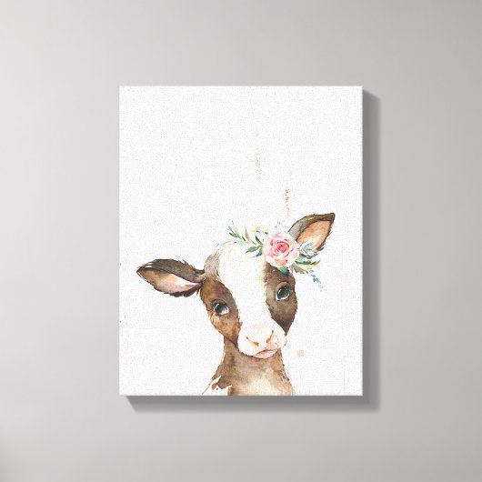 Waterverf Bloemen Bruine Koe, Baby Dieren Art Canvas Afdruk (Voorkant)