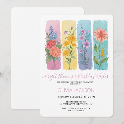 Waterverf Bloemen Brushstroke Verjaardagsuitnodigi Feestdagenkaart (Voorkant / Achterkant)