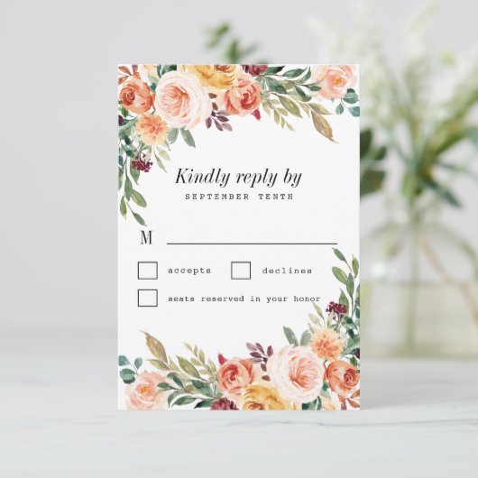 Waterverf Bloemen Buffet Blush Bourgogne Bruiloft RSVP Kaartje (Staand voorkant)