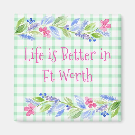 Waterverf Bloemen Check LIFE is Betere STADSNAAM Magneet (Voorkant)