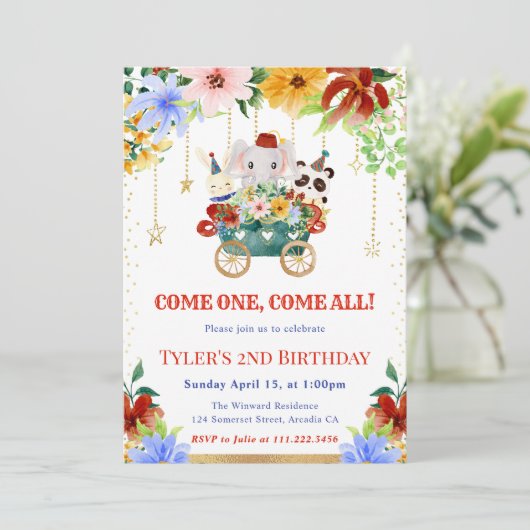 Waterverf Bloemen Circus Dieren Verjaardagsfeest Kaart (Staand voorkant)